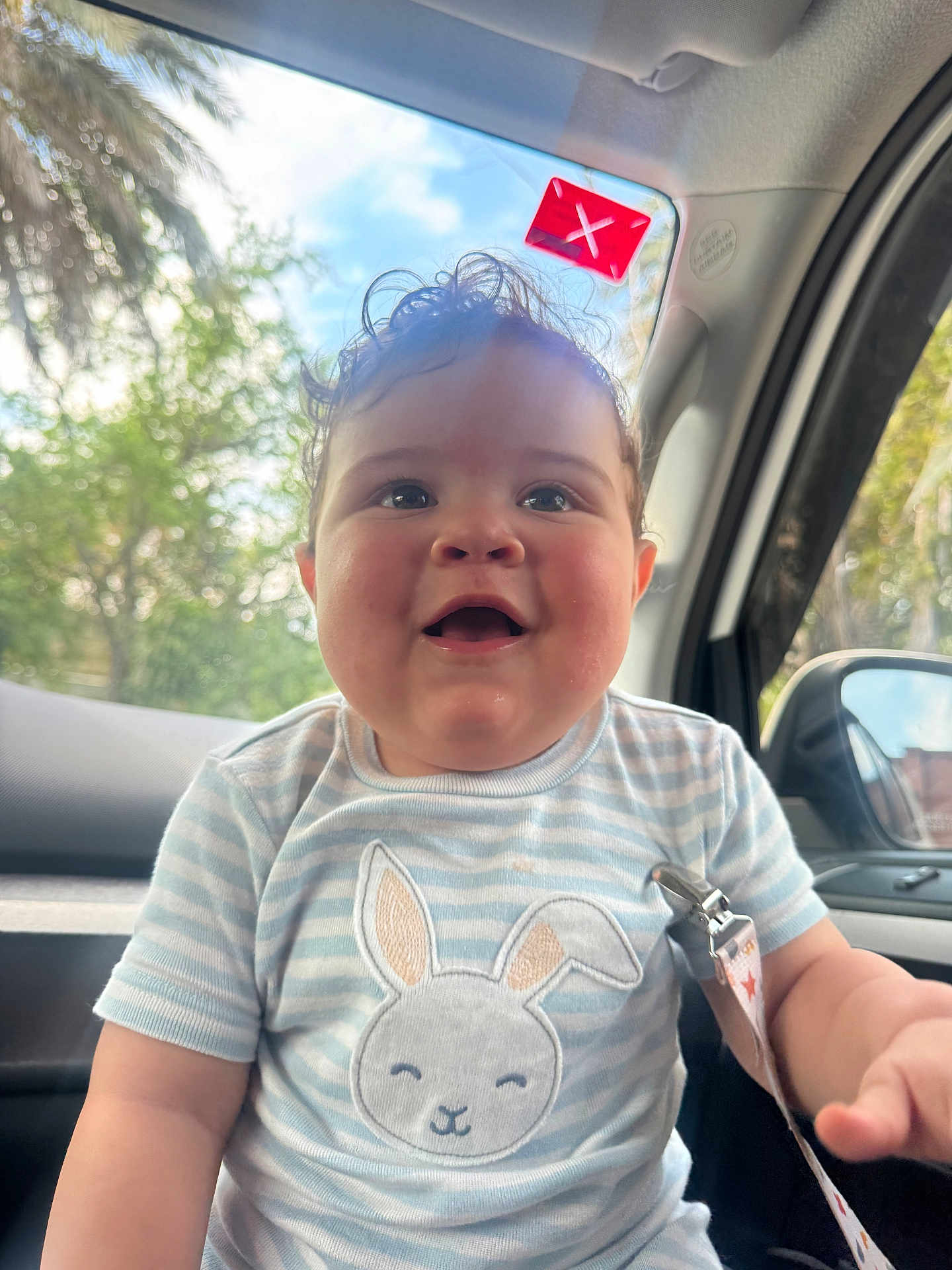 Rafael is registered to the contest to win money with this photo: baby, child, smiling, curly_hair, striped_shirt, bunny_design, car_interior, window, trees, sunlight, happy, face, cute, indoors, seat, reflection, clothing, young_child, portrait, seatbelt_clip