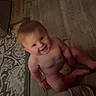 baby, barefoot, carpet, child, cute, diaper, floor, footwear, furniture, happy, home, indoor, light, person, rug, sandal, small_child, smiling, toddler, wooden_floor