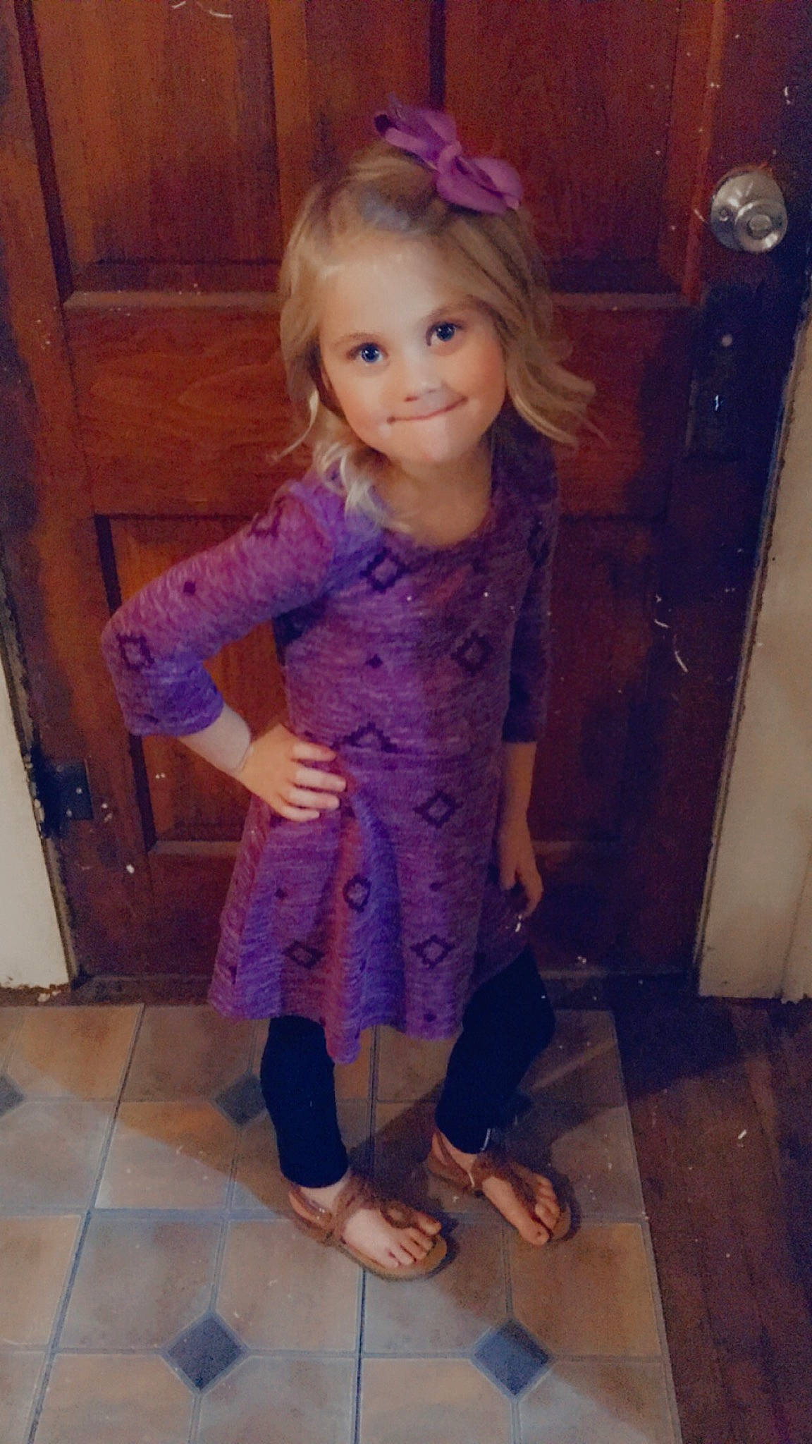 Macey joined the competition — help win amazing prizes! baby_toddler_clothing, blond, brown_hair, cheek, child, day_dress, dress, embellishment, floor, flooring, foot, hairstyle, joy, lavender, mouth, nose, one_piece_garment, person, pink, purple