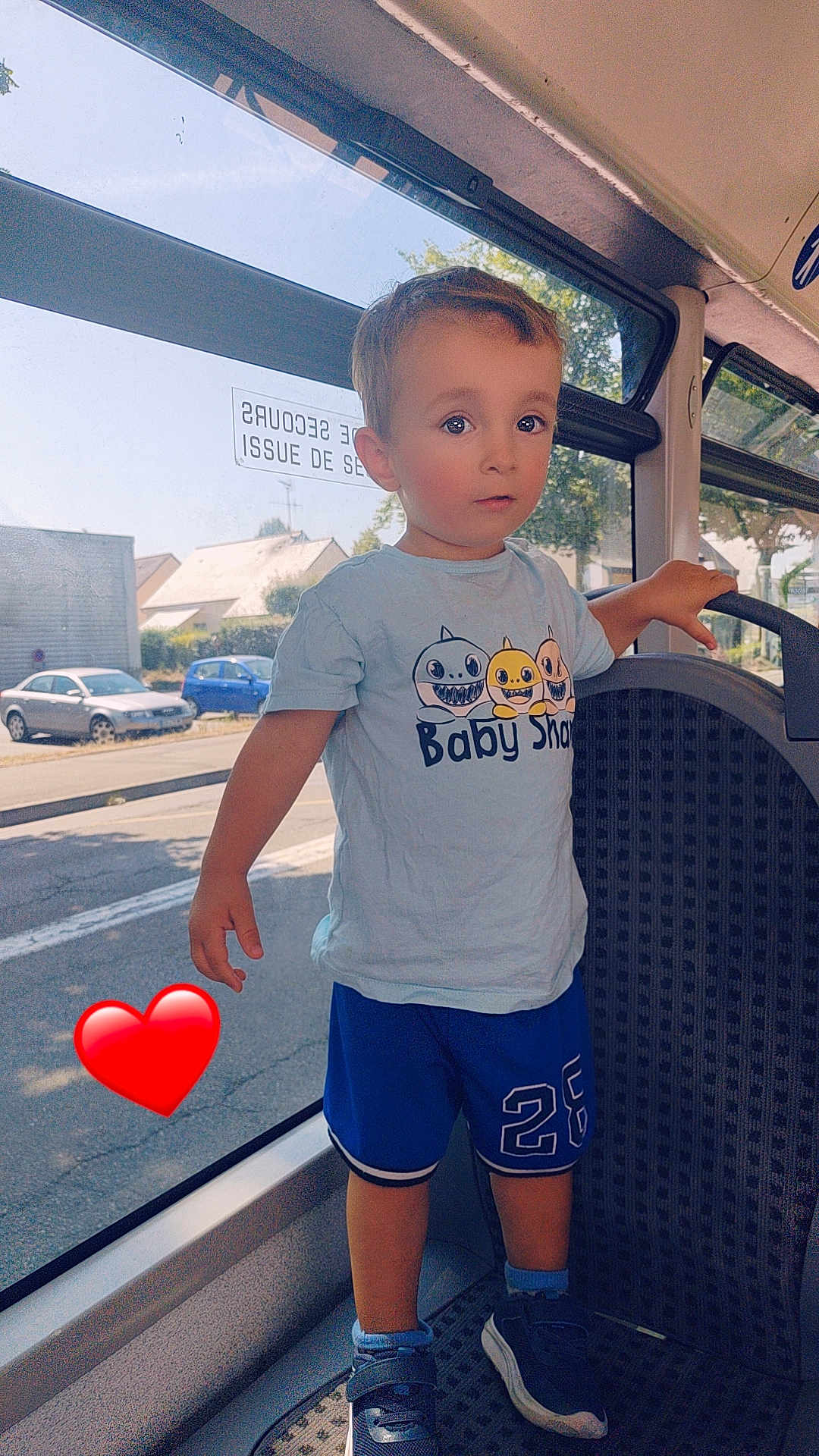 Kenzo participe au concours pour gagner de l'argent avec cette photo : child, toddler, bus, window, seat, clothing, shorts, tshirt, baby_shark, blue, footwear, sneakers, hand, grip, public_transport, daytime, outdoor_view, heart_emoji, curious, standing