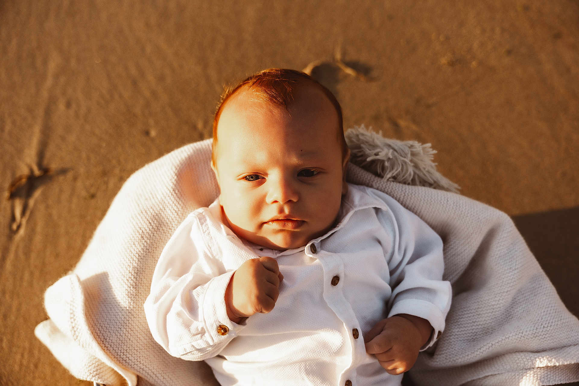 Sacha participe au concours pour gagner de l'argent avec cette photo : baby, infant, blanket, white_clothing, beach, sand, fist, portrait, sunlight, outdoor, cute, young_child, cozy, serious_expression, closeup, soft_texture, warm_light, child, person, nature