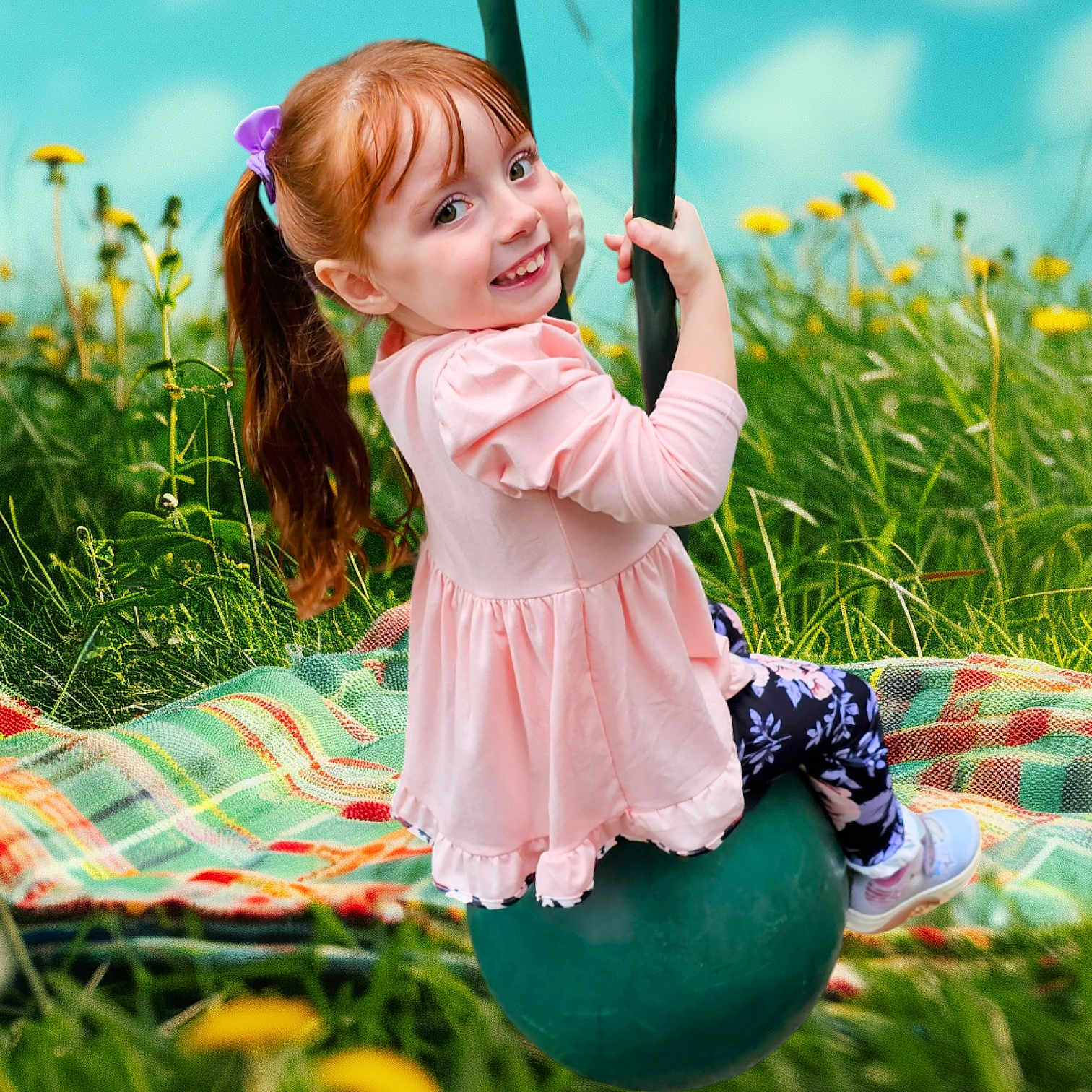 Candallyce is registered to the contest to win money with this photo: ball, blanket, blue_sky, casual_clothing, child, daylight, flowers, footwear, girl, grass, green, hair_tie, happy, nature, outdoor, play, portrait, purple, smile, swing
