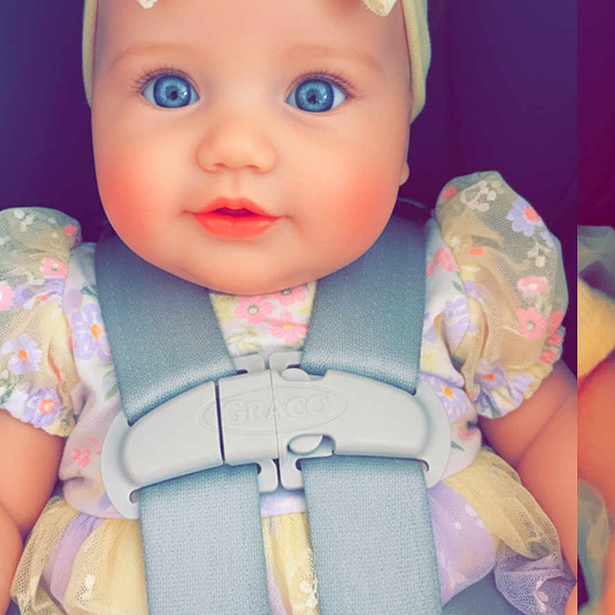 Meadow Rose joined the competition — help win amazing prizes! baby, child, blue_eyes, bow, car_seat, child_seat_harness, clothing, cute, dress, face, headband, infant, inside, person, portrait, seatbelt, straps, young_child, smile, toddler