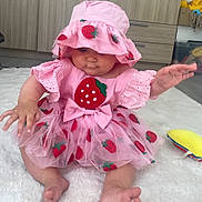 Martha a rejoint le concours — aidez-le/la à gagner de superbes lots ! baby, child, clothing, curious, cute, expression, face, floor, footwearless, furniture, hand, hat, indoor, infant, pink_dress, room, sitting, strawberry_pattern, toy, white_rug
