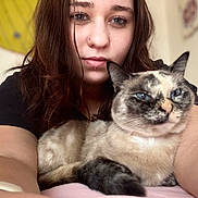 Marley joined the competition — help win amazing prizes! woman, cat, selfie, indoor, pet, cute, relaxed, portrait, bed, blanket, feline, animal, casual, young_adult, long_hair, resting, comfort, closeup, domestic_animal, home