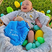 Greyson joined the competition — help win amazing prizes! baby, basket, blanket, blue, child, cute, easter, egg, fabric, grass, happy, infant, laughing, outdoor, plush, smile, soft, toy, toy_bunny, wood