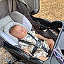 Greyson joined the competition — help win amazing prizes! baby, sleeping, stroller, infant, child, outdoor, safety_harness, clothing, dinosaur_pattern, purple_sunglasses, tray, wheel, ground, leaves, nature, relaxation, cute, peaceful, head_support, seat