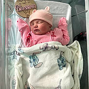 Blossom Lily is registered to the contest to win money with this photo: newborn, baby, sleeping, pink_clothing, hat, blanket, hospital_bassinet, cute, infant, soft, peaceful, cartoon_characters, child, wrapped, resting, indoors, person, face, sleep, newborn_baby