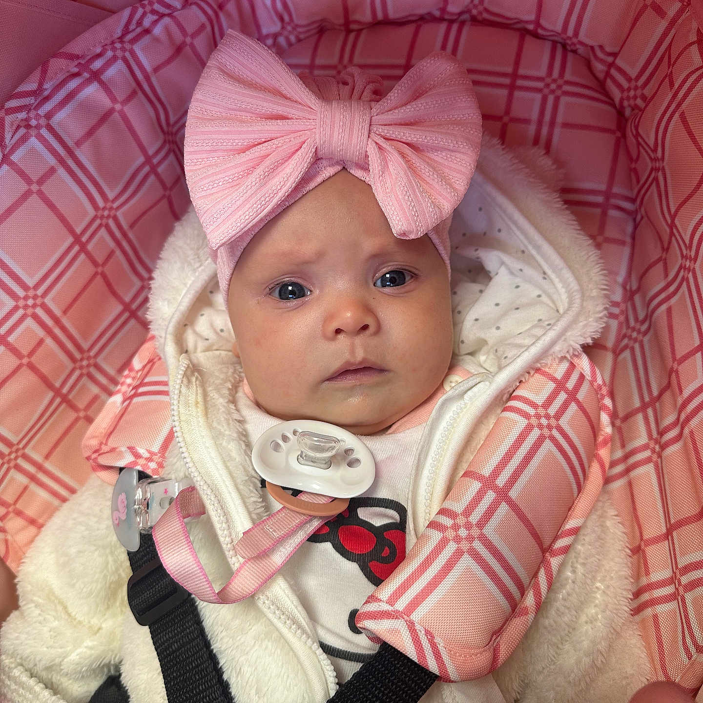 Blossom Lily joined the competition — help win amazing prizes! baby, baby_girl, bundle, car_seat, child, clothing, cute, expression, face, headband, indoors, infant, pacifier_clip, pink_bow, plaid_pattern, portrait, sitting, straps, white_jacket, young