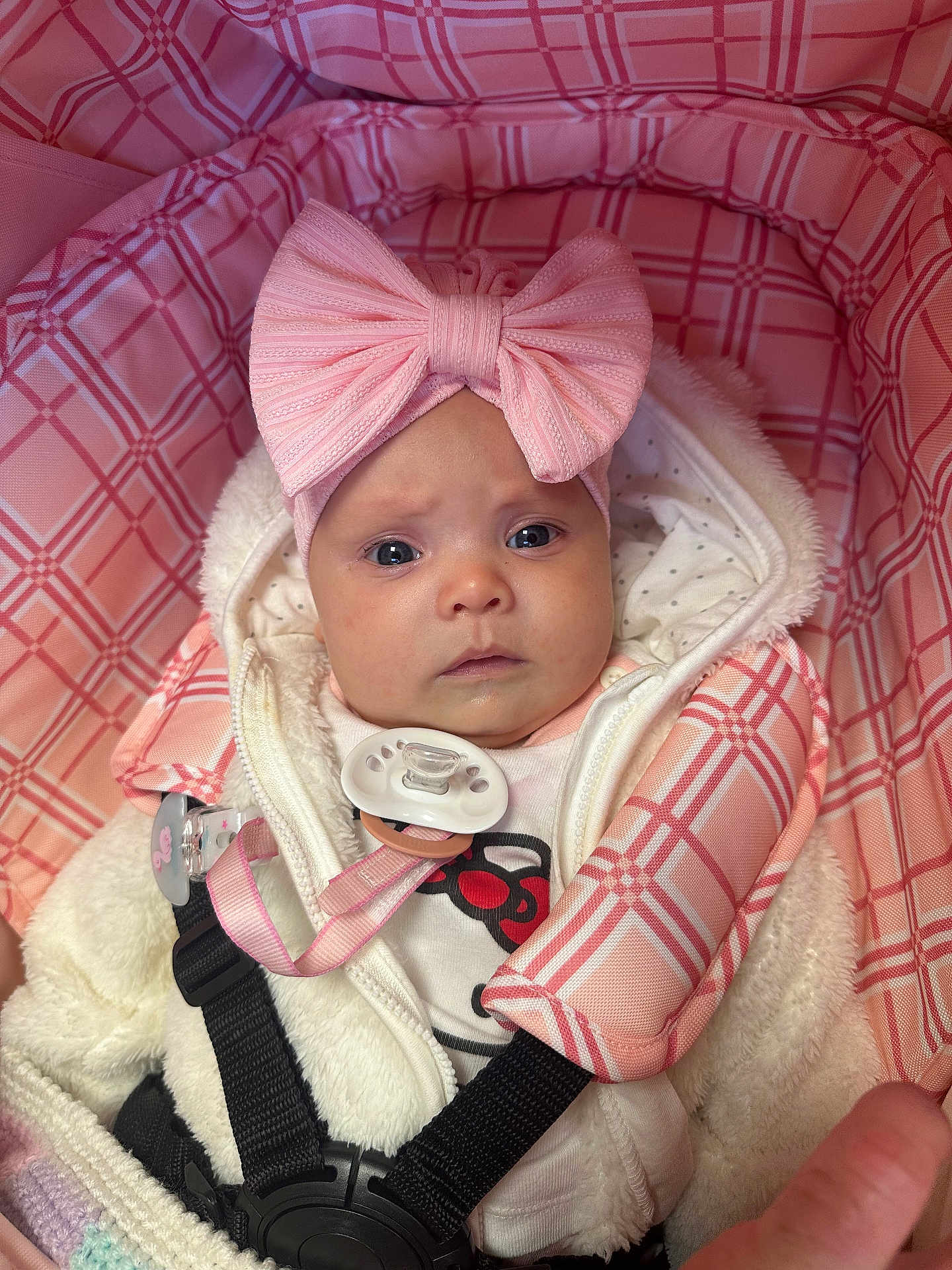 Blossom Lily joined the competition — help win amazing prizes! baby, infant, pink_bow, car_seat, straps, white_jacket, pacifier_clip, plaid_pattern, headband, cute, child, portrait, indoors, clothing, baby_girl, expression, sitting, face, young, bundle