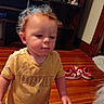 baby, black_pants, child, clothing, curly_hair, daylight, furniture, home, indoor, living_room, looking_down, photography, portrait, puma_shirt, red_shoes, shelves, standing, toddler, wooden_floor, yellow_shirt