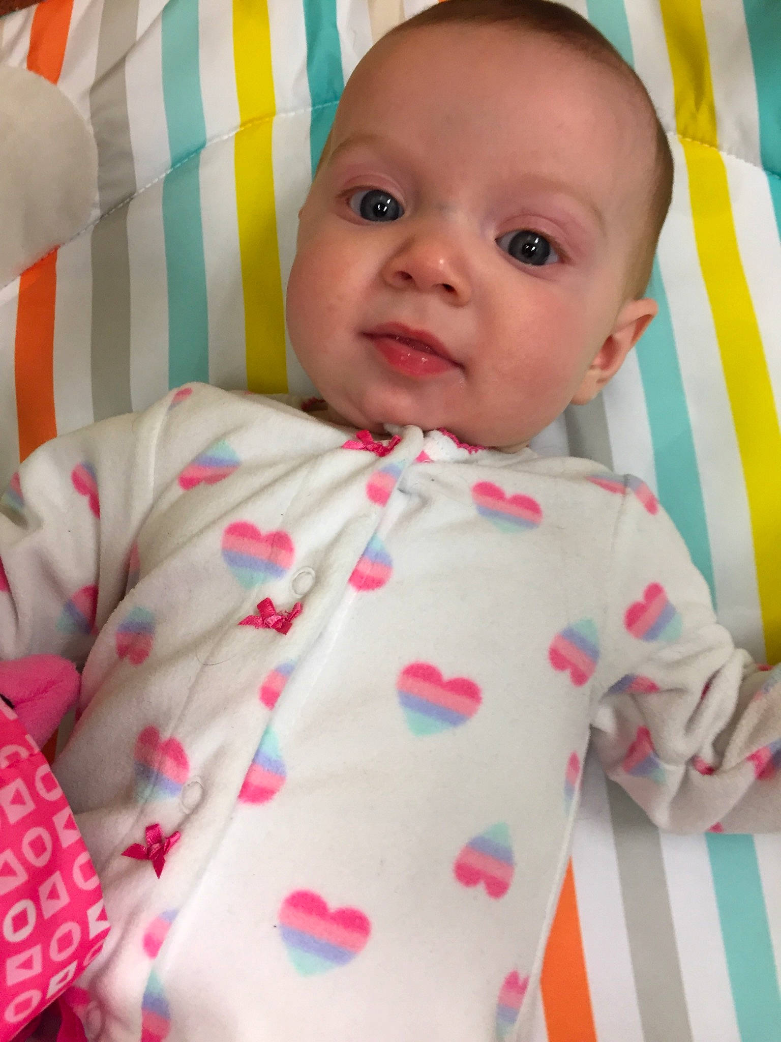 Madelynn joined the competition — help win amazing prizes! baby_products, cheek, child, day, eye, girl, infant, iris, material, nose, outerwear, pattern, person, pink, play, product, skin, smile, textile, toddler