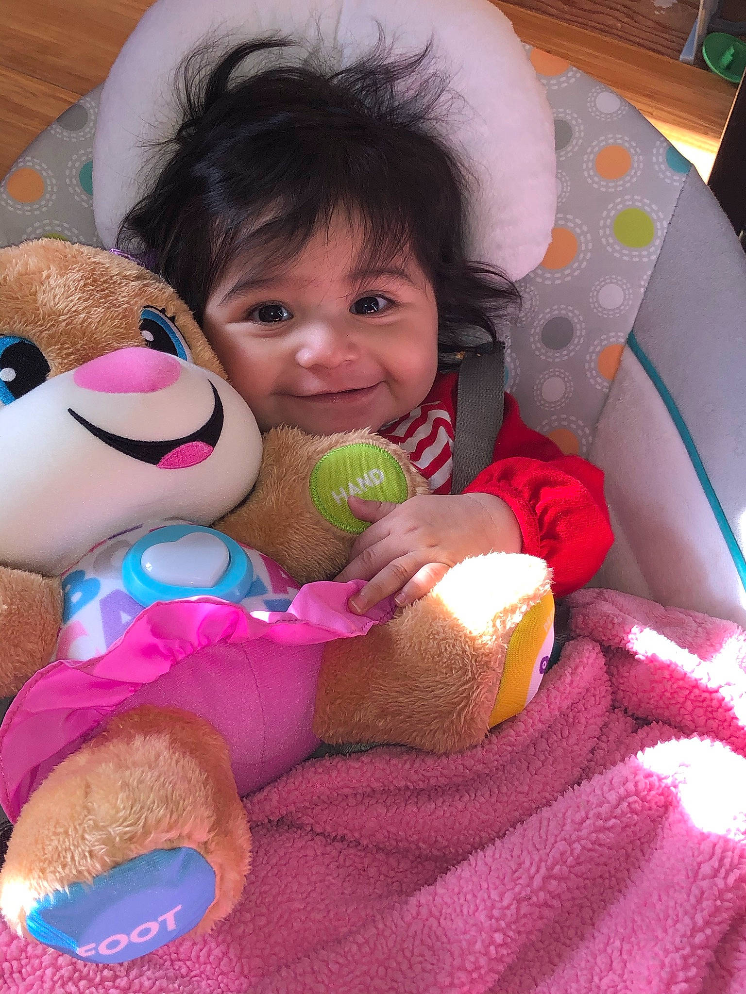 Lilyana joined the competition — help win amazing prizes! baby, baby_toys, cheek, child, comfort, finger, fun, happy, joy, lap, person, pink, play, plush, skin, smile, stuffed_toy, teddy_bear, textile, thumb
