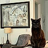 cat, black_cat, indoor, living_room, furniture, lamp, armchair, blanket, table, marble, artwork, wall_art, expression, pet, domestic_animal, sitting, cozy, modern, interior, home