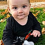 baby, child, grass, autumn, leaves, outdoor, fall, black_clothing, pumpkin, cute, sitting, sock, nature, seasonal, portrait, young_child, hand, face, expression, daylight