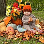 Andrea participe au concours pour gagner de l'argent avec cette photo : baby, child, autumn, fall_leaves, pumpkin, flowers, sunflowers, dahlias, orange_hat, knit_hat, barefoot, grass, outdoor, nature, seasonal, cute, leaf, sitting, cozy_clothing, portrait