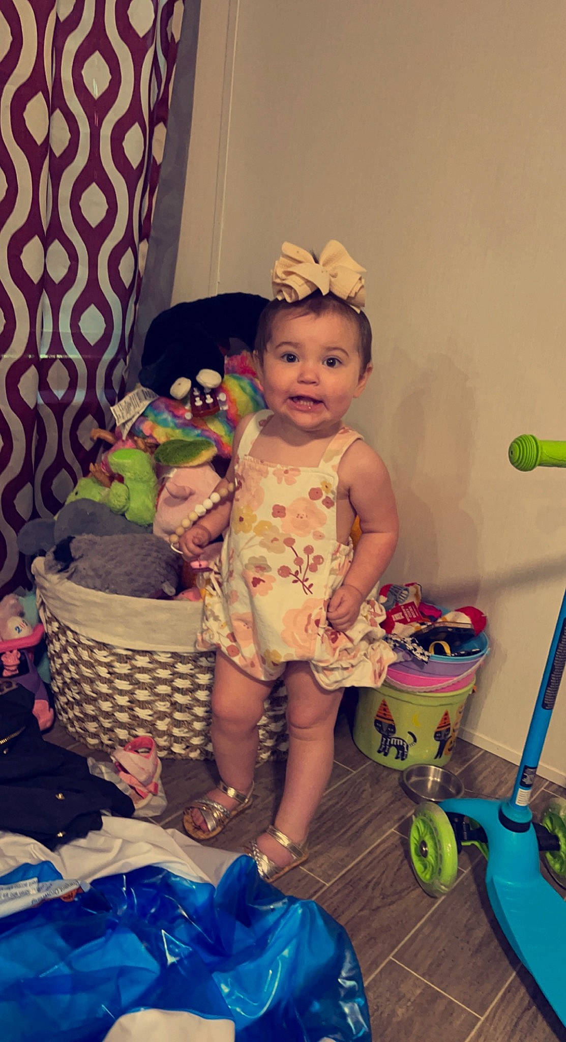 Kara Anne is registered to the contest to win money with this photo: baby, baby_products, baby_toddler_clothing, child, curtain, dress, event, fun, happy, hat, magenta, party, party_supply, person, pink, play, purple, room, smile, toddler