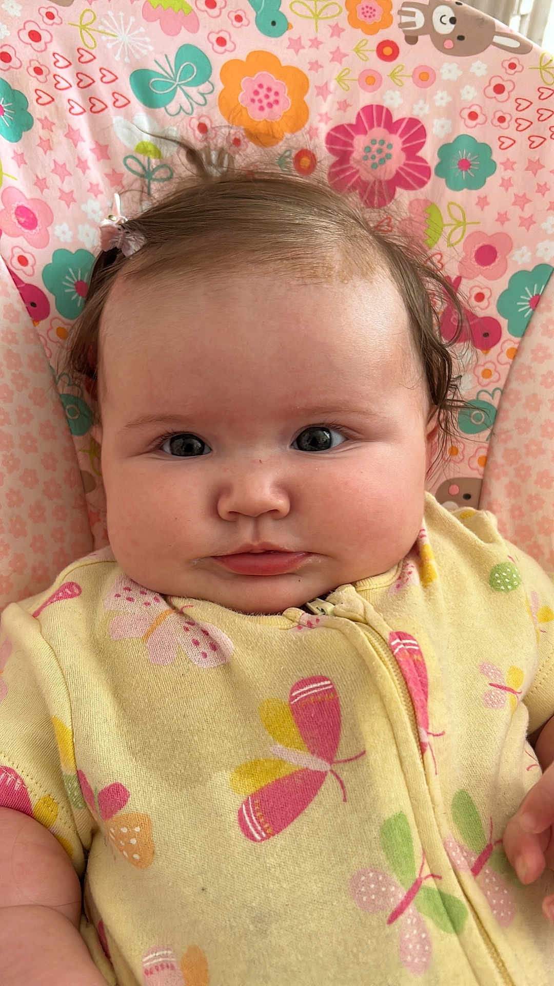 Pearl joined the competition — help win amazing prizes! baby, child, infant, face, eyes, onesie, butterfly, pattern, pink, yellow, floral, heart, cute, portrait, closeup, skin, hand, hair, indoor, soft