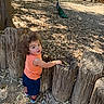 toddler, child, curly_hair, orange_shirt, navy_shorts, wooden_fence, outdoor, daylight, peacock, bird, nature, leaves, tree, playful, looking_back, fence, park, sunlight, ground, animal
