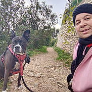 Octa a rejoint le concours — aidez-le/la à gagner de superbes lots ! animal, canine, dog, greenery, harness, jacket, leash, nature, outdoor, path, person, pet, portrait, rocky, scarf, smile, stone_wall, trees, walking, winter_clothing