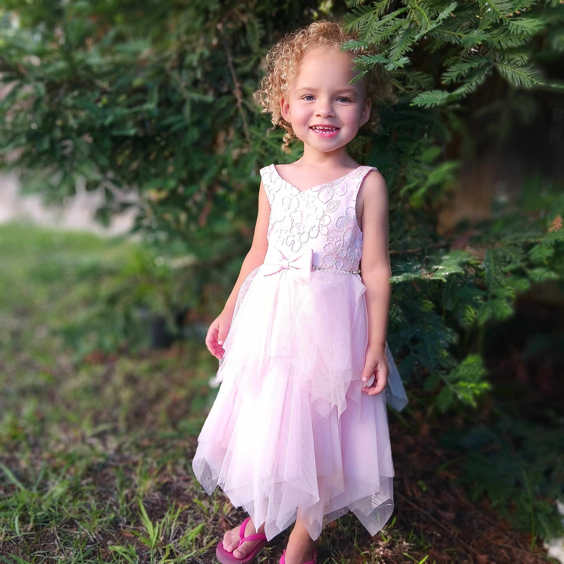 Everleigh joined the competition — help win amazing prizes! child, clothing, dress, eveningdress, face, fashion, female, flower, formalwear, girl, gown, grass, happy, head, person, photography, plant, portrait, standing, tree