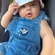Haroun a rejoint le concours — aidez-le/la à gagner de superbes lots ! baby, bucket_hat, button, car_seat, child, closeup, clothing, curious, cute, denim_overalls, face, fashion, hand, hat, infant, patch, person, portrait, sitting, skin