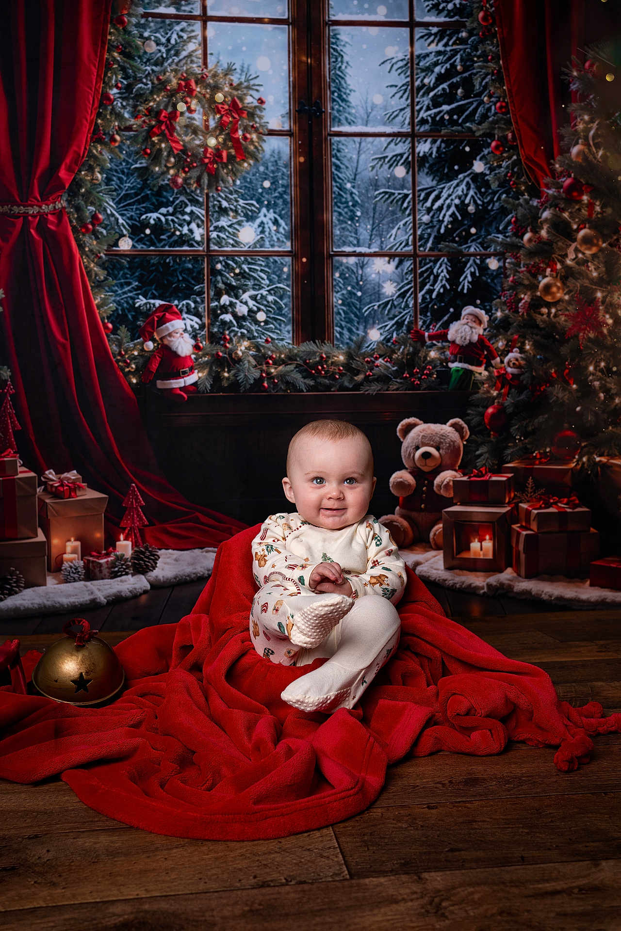 Leo joined the competition — help win amazing prizes! baby, child, christmas, holiday, festive, pajamas, red_blanket, teddy_bear, gifts, candles, snow, window, curtains, floor, wooden_floor, decorations, christmas_tree, ornaments, santa_dolls, smiling
