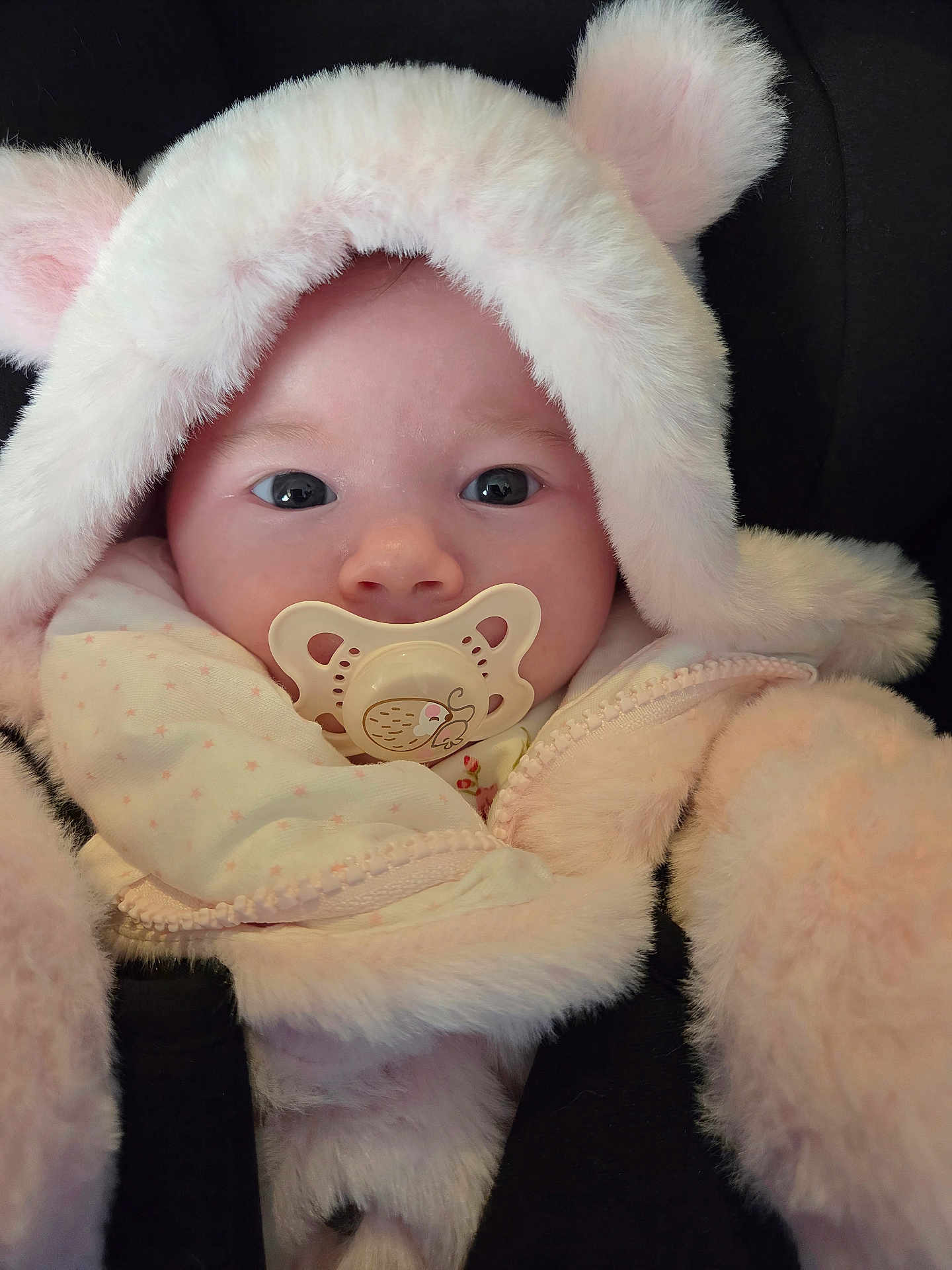 Alexandria is registered to the contest to win money with this photo: baby, infant, pacifier, hood, fur, cute, face, eyes, clothing, soft, cozy, child, portrait, closeup, warm, pink, newborn, cute_outfit, animal_ears, babywear