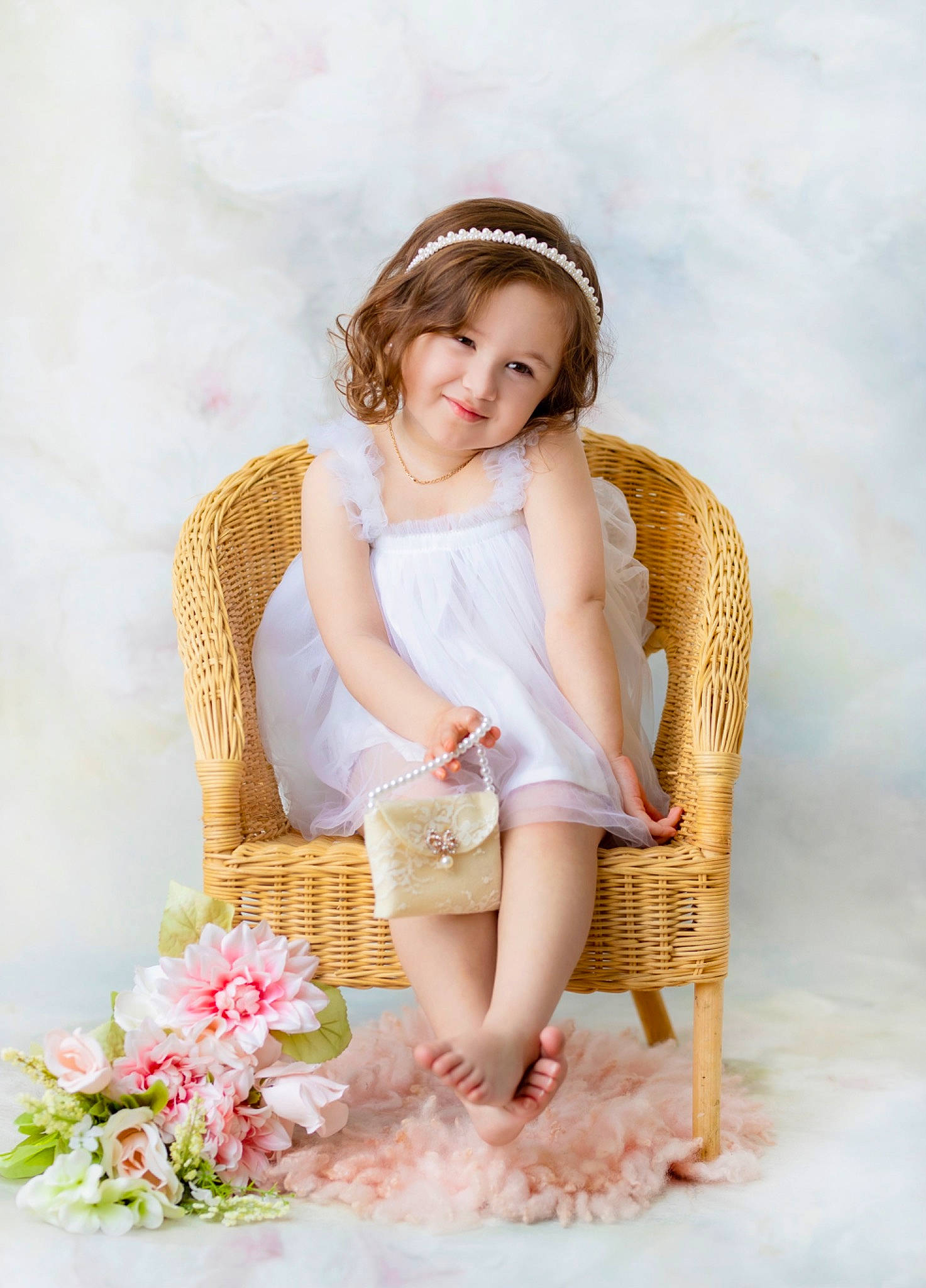 Camila is registered to the contest to win money with this photo: barefoot, brown_hair, chair, fashion_accessory, fashion_design, flash_photography, flower, foot, happy, human_leg, joy, pattern, peach, person, petal, pink, sitting, skin, sleeve, smile