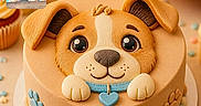 Adès participe au concours pour gagner de l'argent avec cette photo : cake, puppy, dog, fondant, birthday, dessert, baked_goods, decorated_cake, animal_theme, cute, orange, blue, heart, paw_print, ears, eyes, food, bakery, phone_screen, screenshot