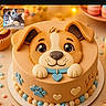 cake, puppy, dog, fondant, birthday, dessert, baked_goods, decorated_cake, animal_theme, cute, orange, blue, heart, paw_print, ears, eyes, food, bakery, phone_screen, screenshot