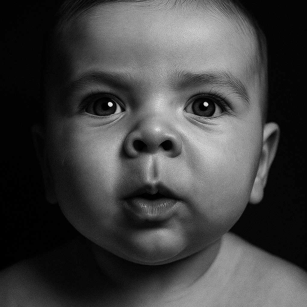 Clotaire participe au concours pour gagner de l'argent avec cette photo : baby, black_and_white, child, close_up, curious, emotion, expression, eyes, face, head, infant, innocence, monochrome, person, photography, portrait, skin, soft_light, studio, young