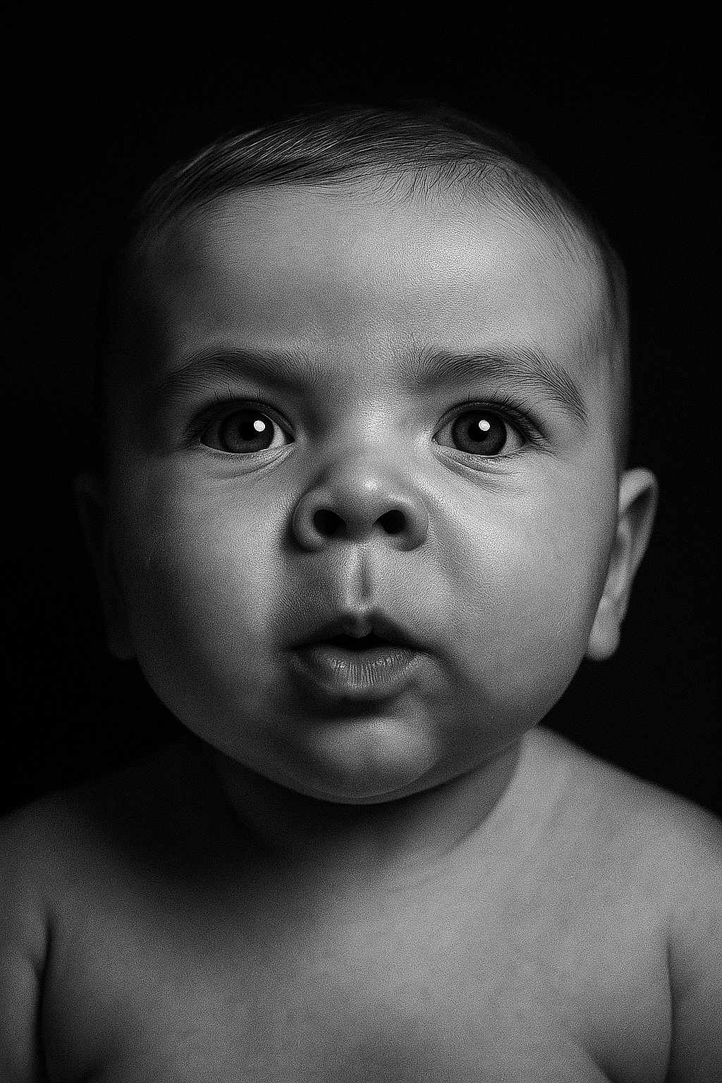 Clotaire participe au concours pour gagner de l'argent avec cette photo : baby, black_and_white, child, close_up, curious, emotion, expression, eyes, face, head, infant, innocence, monochrome, person, photography, portrait, skin, soft_light, studio, young