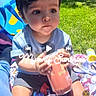 baby, child, toddler, sitting, outdoors, sunlight, grass, picnic, blanket, toy, bottle, blue_chair, shorts, shirt, portrait, face, wide_eyes, dark_hair, playtime, text_overlay