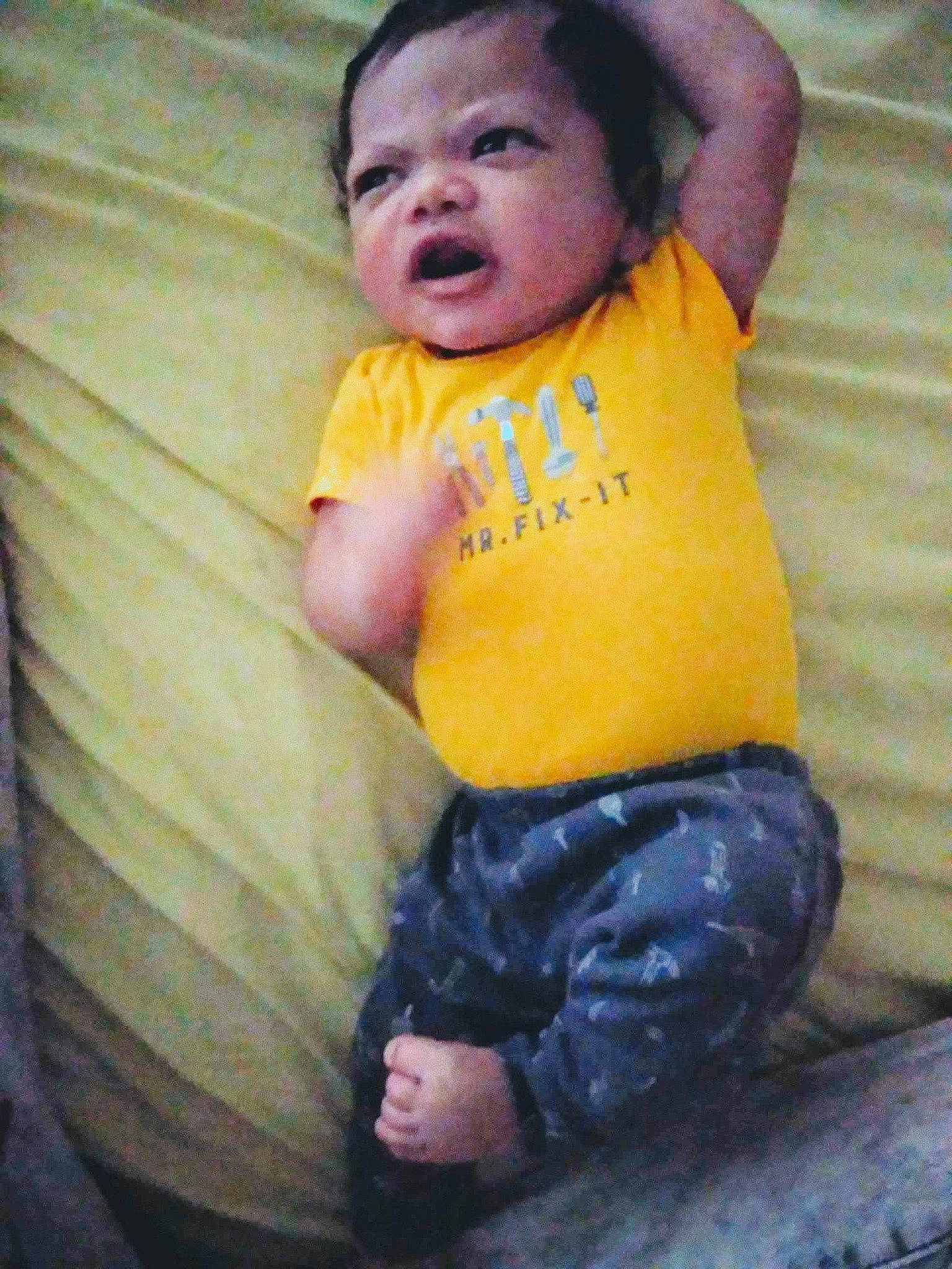 Jaziah is registered to the contest to win money with this photo: arm, baby, child, cool, fun, nose, person, smile, toddler, yellow