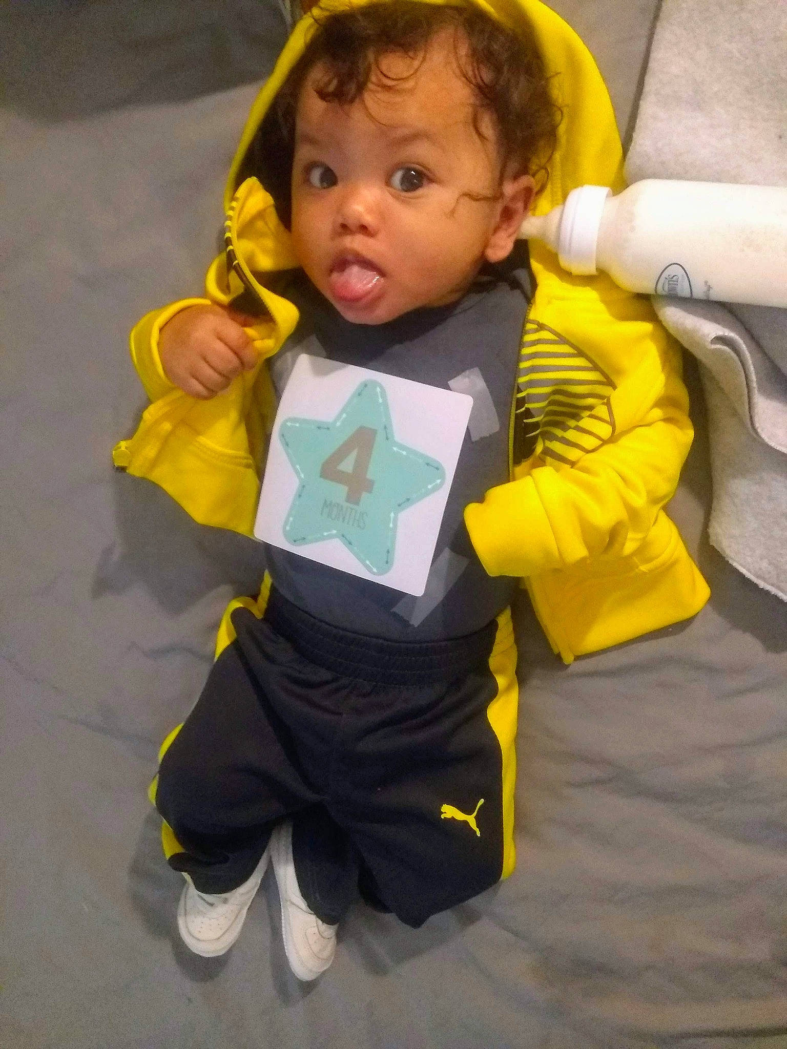 Baby Son joined the competition — help win amazing prizes! child, costume, outerwear, person, surprise, toddler, yellow