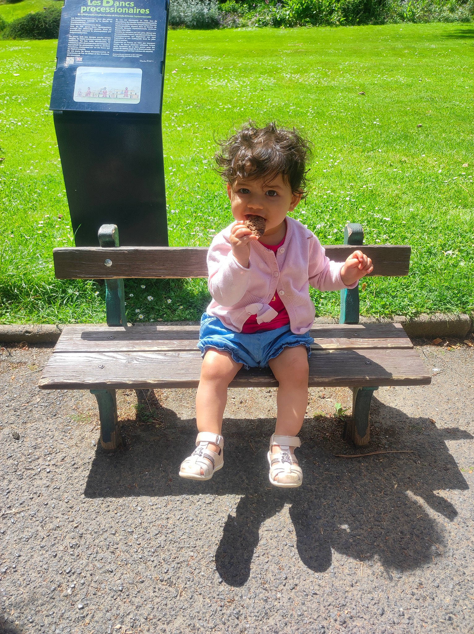 Neela participe au concours pour gagner de l'argent avec cette photo : baby_toddler_clothing, bench, child, foot, fun, grass, human_body, human_leg, lap, leg, leisure, outdoor_bench, outdoor_furniture, people_in_nature, person, plant, recreation, shorts, sitting, toddler