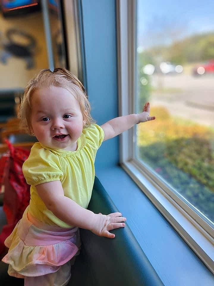 Kaydence joined the competition — help win amazing prizes! baby, baby_toddler_clothing, blond, child, electric_blue, fun, gesture, grass, hand, happy, joy, leisure, magenta, person, recreation, sitting, skin, smile, toddler, vacation