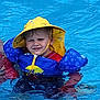 child, pool, water, yellow_hat, floaties, swimming, summer, outdoor, fun, blue, red_shirt, splash, sun_hat, boy, safety, swim_aid, wet, play, recreation, leisure
