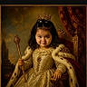 Emily joined the competition — help win amazing prizes! child, portrait, royal, crown, throne, scepter, cape, dress, ornate, historical, indoor, painting_style, formal, seated, looking_at_camera, dark_background, curtain, golden, watermark, smartphone_screenshot