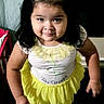 Emily joined the competition — help win amazing prizes! child, toddler, girl, portrait, smiling, standing, indoor, dress, yellow_dress, bee_theme, hair_clips, dark_hair, pink_shoes, colorful_clothing, fashion, cute, happy, playful, home, full_body