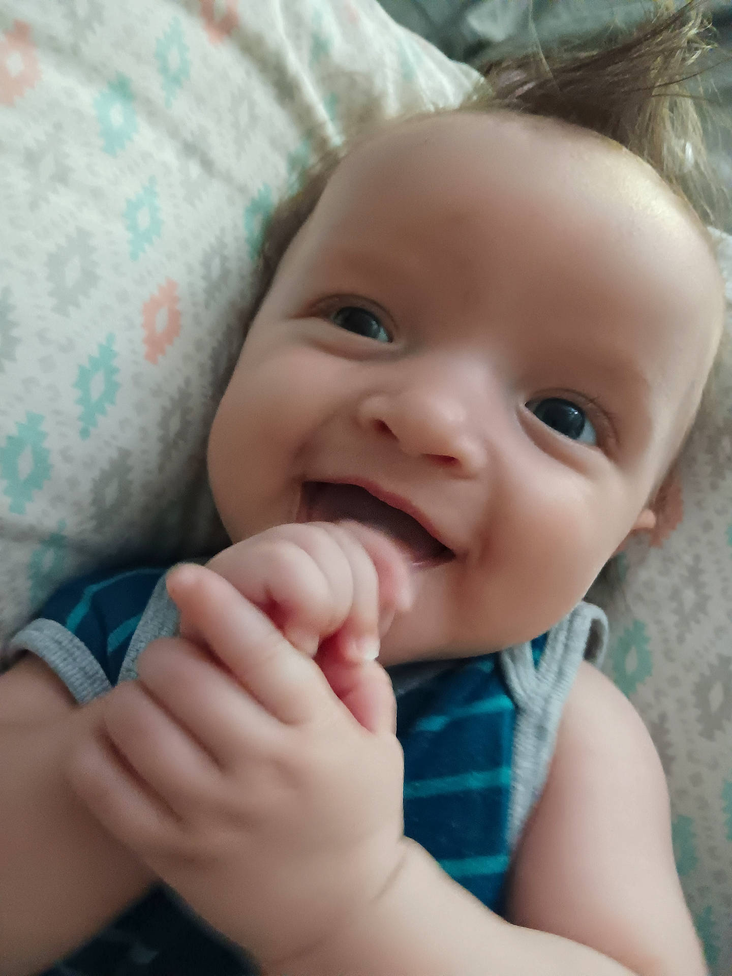 Hank joined the competition — help win amazing prizes! baby, babylaughing, biting, bodypart, face, finger, hand, happy, head, laughing, mouth, newborn, person, photography, portrait, smile