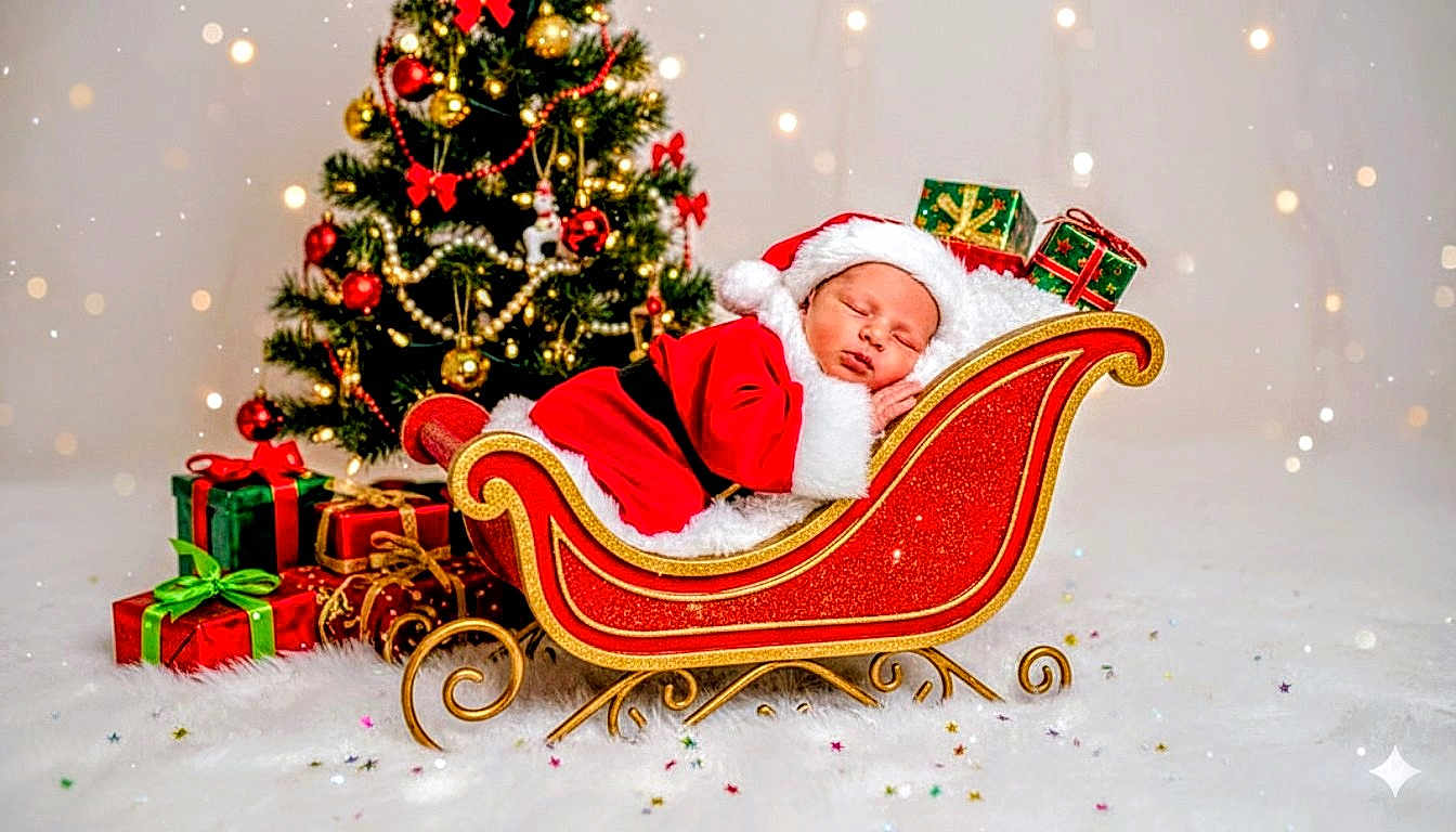 Malone joined the competition — help win amazing prizes! baby, christmas, santa_claus, sleigh, presents, christmas_tree, holiday, sleeping, festive, red_clothing, white_fur, decorations, gold, green, red, indoor, celebration, cute, infant, winter
