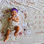 Olivia is registered to the contest to win money with this photo: baby, child, smiling, purple_headband, romper, floral_pattern, blanket, name_text, numbers, months, happy, infant, cute, clapping_hands, lying_down, indoor, portrait, skin, face, head