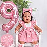 baby, child, infant, portrait, sitting, chair, pink, dress, bow, headband, balloon, birthday, cake, hearts, celebration, indoor, plant, smiling, fashion, studio_photography