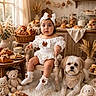 baby, bakery, bow, chair, child, cookie, cozy, croissant, dog, dress, fairy_lights, headband, indoor, infant, pastry, pet, portrait, sitting, stuffed_animal, teddy_bear