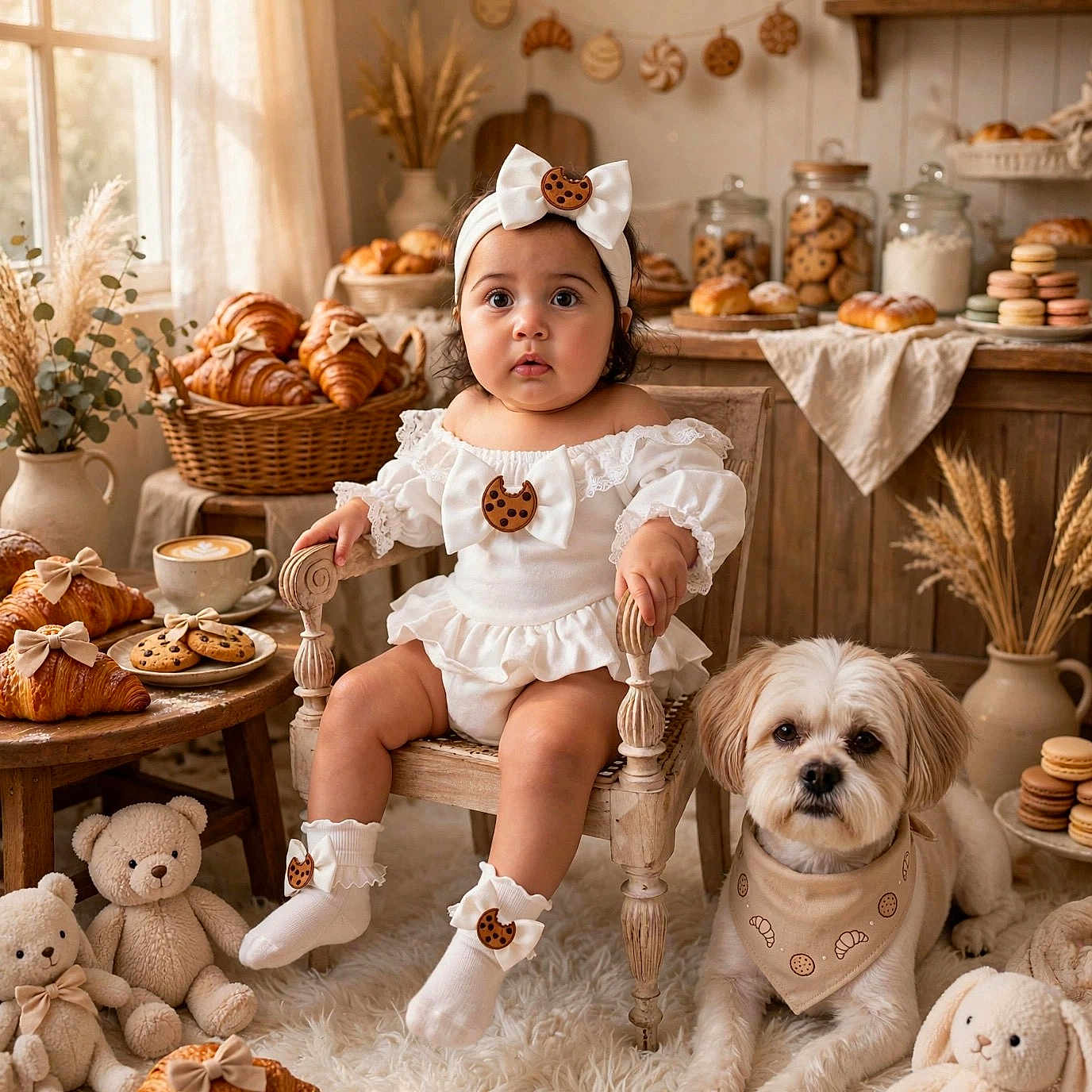 Victoria Emanuelly joined the competition — help win amazing prizes! baby, bakery, bow, chair, child, cookie, cozy, croissant, dog, dress, fairy_lights, headband, indoor, infant, pastry, pet, portrait, sitting, stuffed_animal, teddy_bear