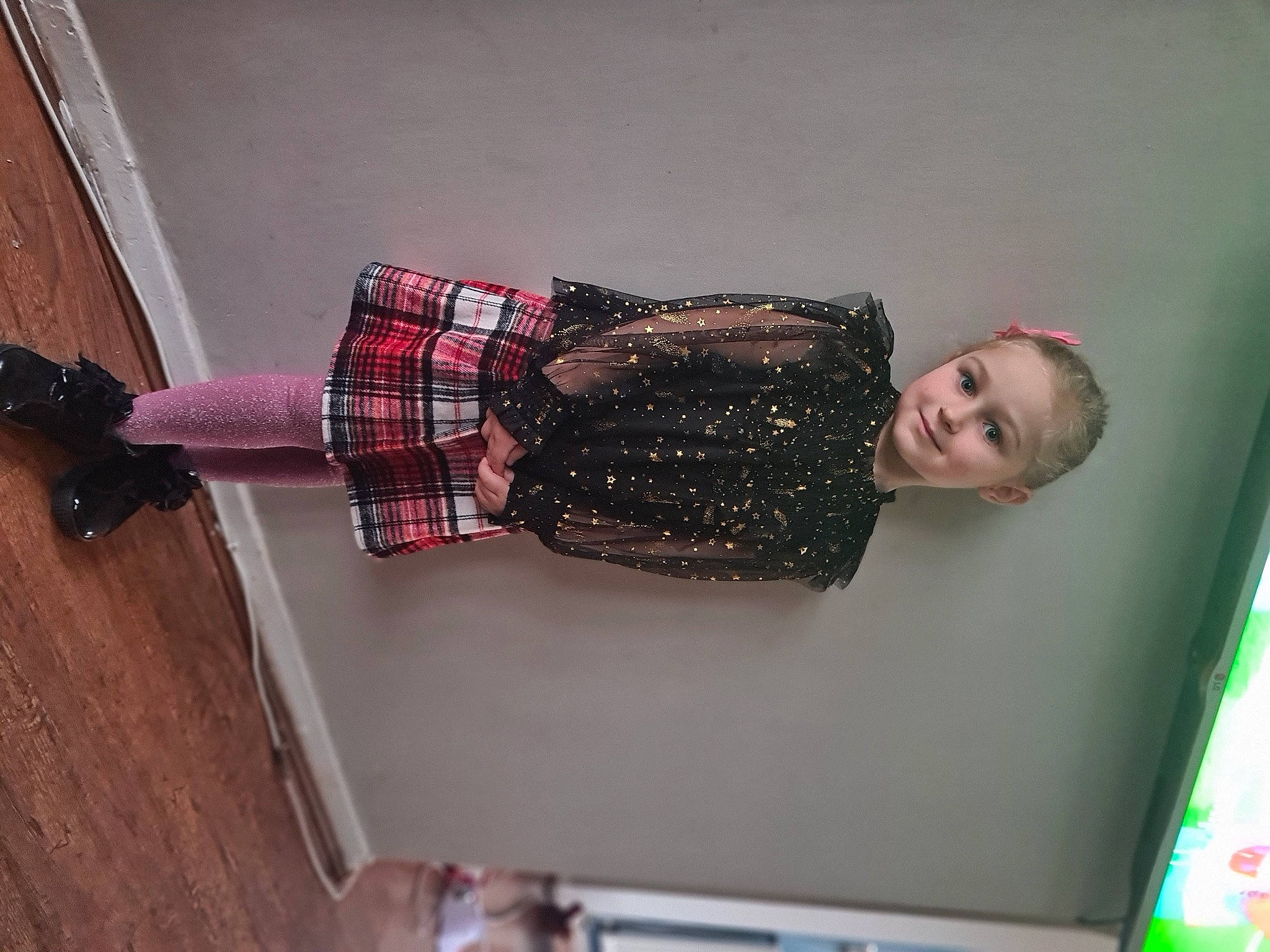 Emilia joined the competition — help win amazing prizes! carmine, comfort, fashion_accessory, fashion_design, hardwood, human_leg, joy, knee, leg, magenta, pattern, person, plaid, room, sitting, sleeve, sock, tartan, thigh, waist