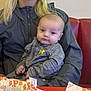 Thomas is registered to the contest to win money with this photo: baby, child, person, jacket, clothing, adult, indoor, seat, bench, table, fast_food_wrappers, red, gray, face, hand, portrait, casual, young, sitting, cute