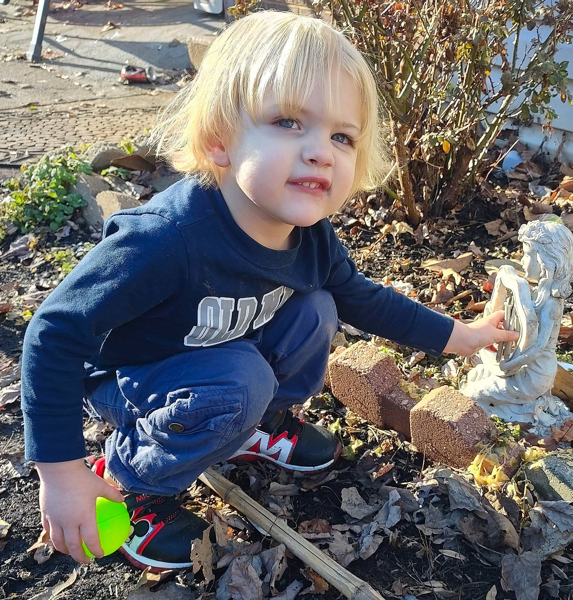 Reese joined the competition — help win amazing prizes! autumn, baby_toddler_clothing, child, electric_blue, fun, garden, gardening, grass, happy, landscape, leaf, people_in_nature, person, plant, play, sitting, smile, soil, t_shirt, toddler